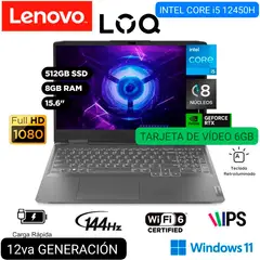LENOVO - LAPTOP GAMER LOQ 15IRH8 82XV00T8LM i5 12°GEN 15.6" FHD IPS 144Hz 8GB 512 SSD RTX3050 6GB W11
