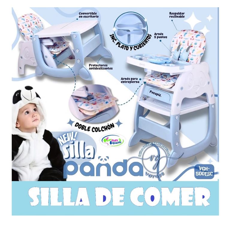 Silla Carpeta Pande 3 en 1 con Plato y Cubiertos Celeste