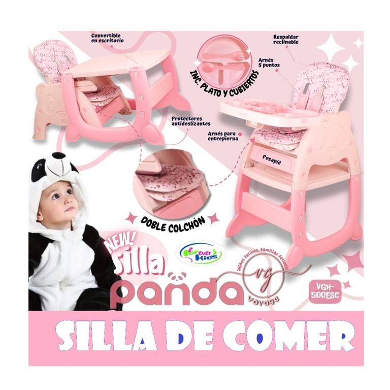 Silla Carpeta Pande 3 en 1 con Plato y Cubiertos Rosado
