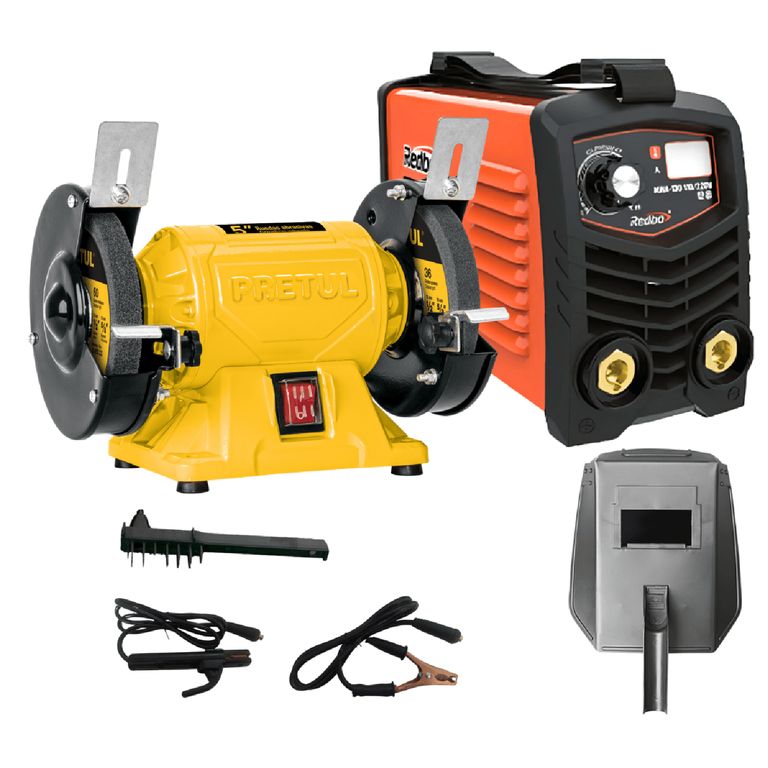 Soldadora inversora 130 A + Esmeril de banco 5" Pretul