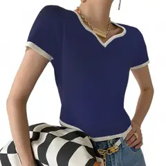 GENERICO - Sueter Mujer Hilo Nacional Cuello V Manga Corta Gui359-19 Color Azul