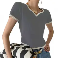 GENERICO - Sueter Mujer Hilo Nacional Cuello V Manga Corta Gui359-19 Color Gris