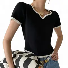 GENERICO - Sueter Mujer Hilo Nacional Cuello V Manga Corta Gui359-19 Color Negro