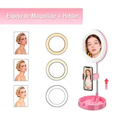 SEISA - Espejo Con Aro Luz Led Selfie Soporte Celular Streamers Maquillaje