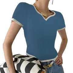 GENERICO - Sueter Mujer Hilo Nacional Cuello V Manga Corta Gui359-19 Color Celeste