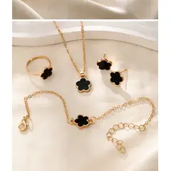 GENERICO - Set de collar pulsera aretes sortija dorado flores -negro