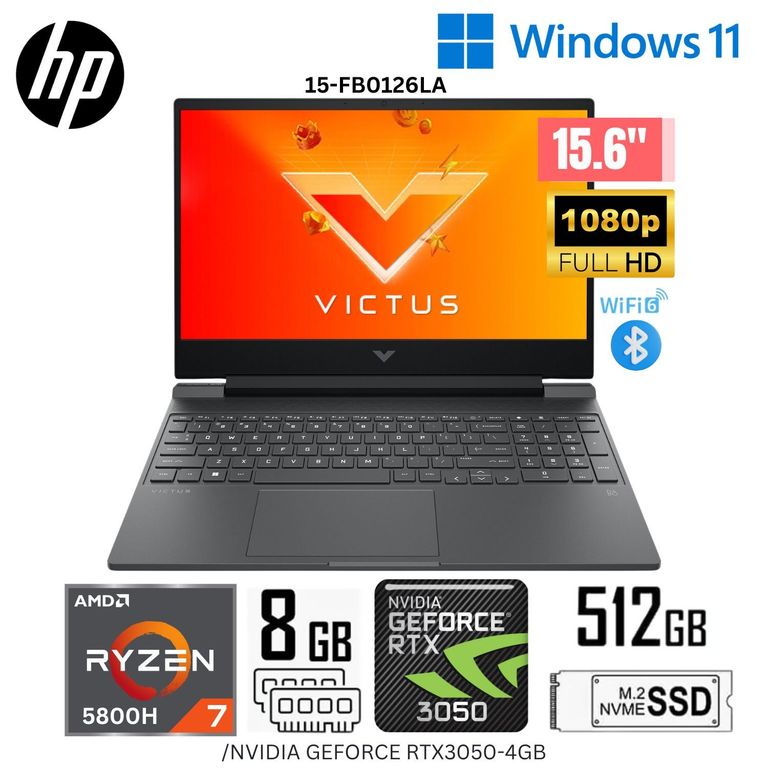 Laptop Victus Gaming 15-FB0126LA AMD Ryzen7-5800H 15.6" 8GB RAM 512GB SSD RTX3050-4GB WINDOWS 11