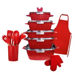 GENERICO - Set de Ollas Cuadradas con Cucharones SUPREMA Antiadherente Rojo