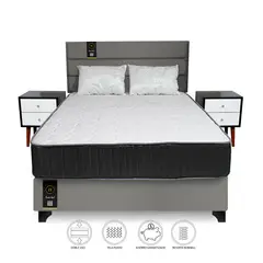 BARAKA HOME - Dormitorio Tuzla 2 Plz + Cabecera + Colchón Dual + 2 Veladores + 2 Almohadas - Gris oscuro