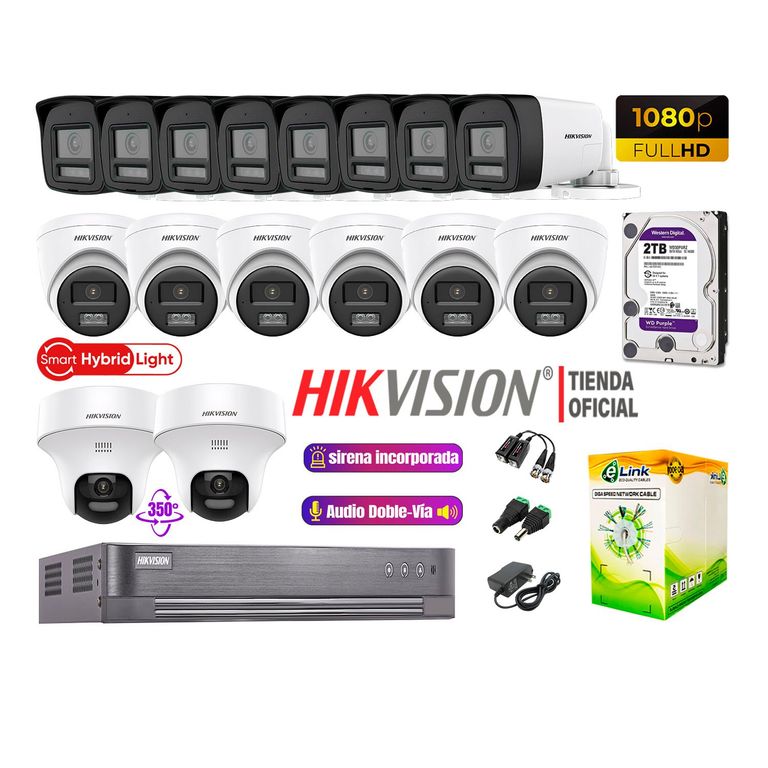 Camaras Vigilancia Kit 16 Full HD Audio Bidireccional Luz Sirena 2Cámaras PT 2TB
