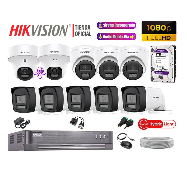 Camaras Vigilancia Kit 10 Full HD Audio Bidireccional Luz Sirena 2 Cámaras PT 1TB