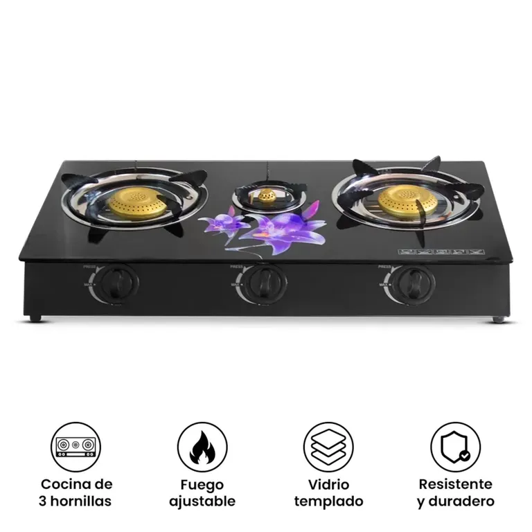 Cocina a Gas GK1003G 3 Hornillas vidrio templado