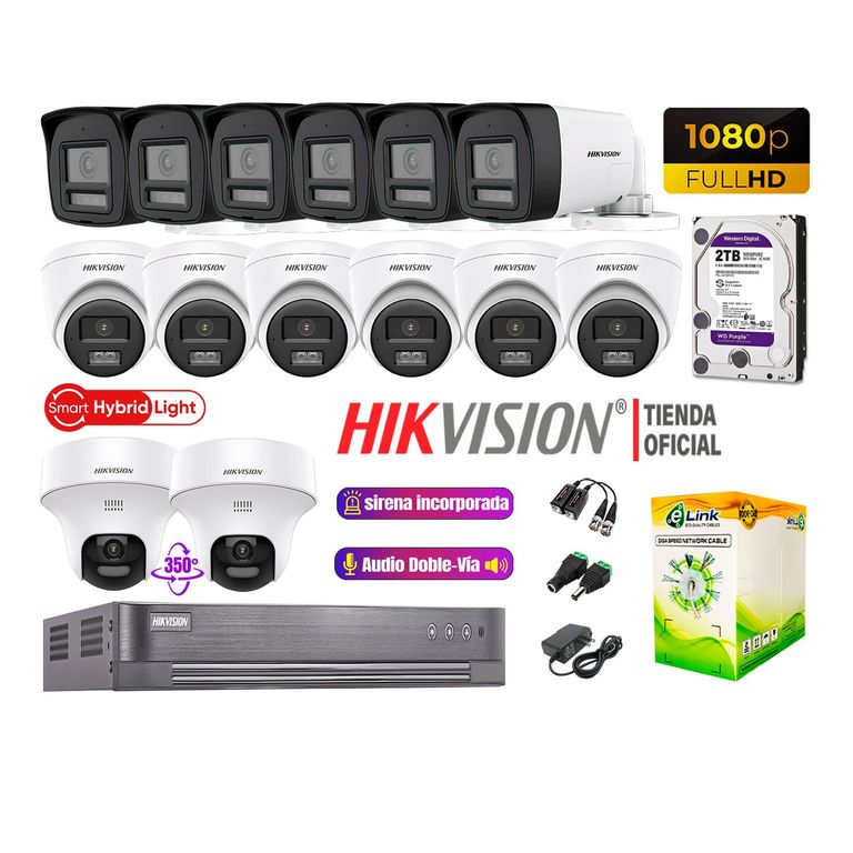 Camaras Vigilancia Kit 14 Full HD Audio Bidireccional Luz Sirena 2Cámaras PT 2TB