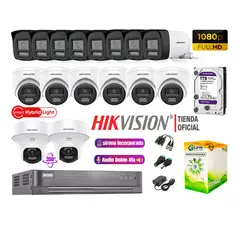 HIKVISION - Camaras Vigilancia Kit 16 Full HD Audio Bidireccional Luz Sirena 2Cámaras PT 1TB