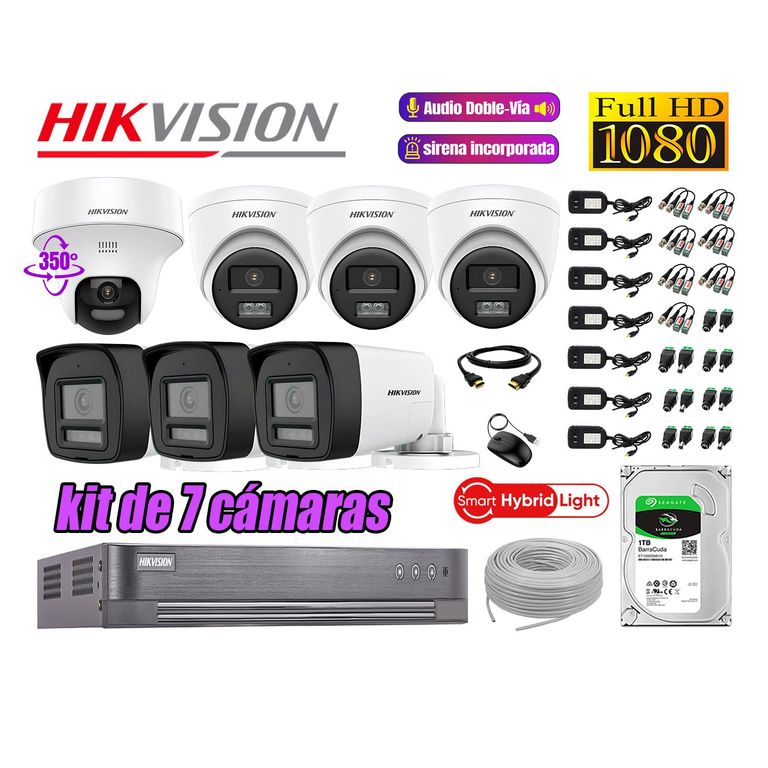 Kit 7 Cámaras de Seguridad 2MP 1 Domo PTZ Audio Bidireccional Luz Sirena 1TB