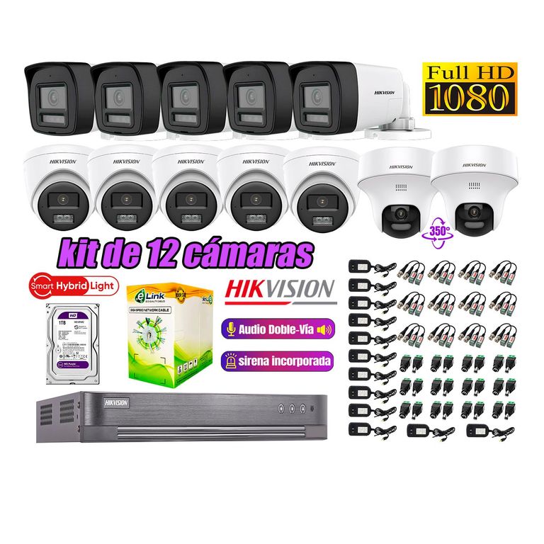 Kit 12 Cámaras de Seguridad 2MP 2 Domo PTZ Audio Bidireccional Luz Sirena 1TB