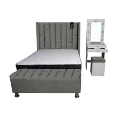 BARAKA HOME - Dormitorio Boreti 1.5 Plz + Cabecera + Tocador + Puff + Baúl - Gris oscuro