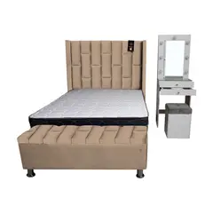 BARAKA HOME - Dormitorio Boreti 1.5 Plz + Cabecera + Tocador + Puff + Baúl - Beige claro
