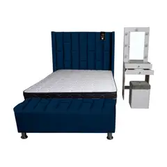 BARAKA HOME - Dormitorio Boreti 1.5 Plz + Cabecera + Tocador + Puff + Baúl - Azul marino