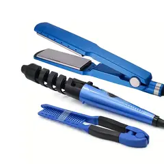 GENERICO - Trio Plancha Alisador Nano Rizador Ondulador Peineta Color Azul