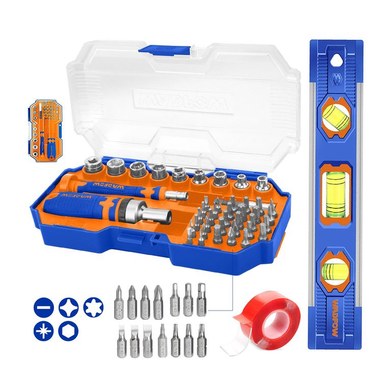 JUEGO DESATORNILLADOR 43PZAS+ NIVEL 9+CINTA DOBLE CONTACTO