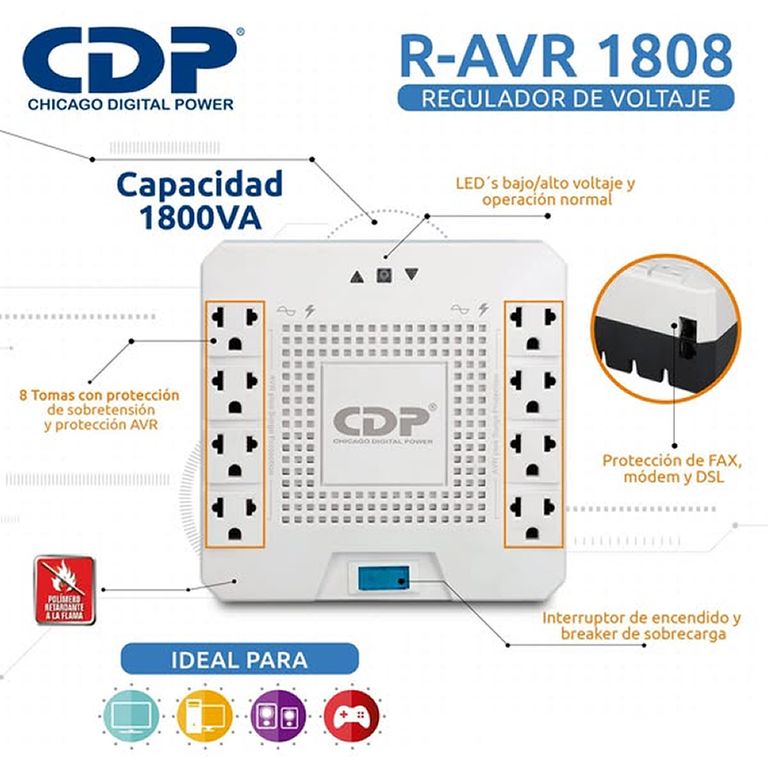 Estabilizador R-AVR1808I Pro 1800VA/1000W 8 Tomas