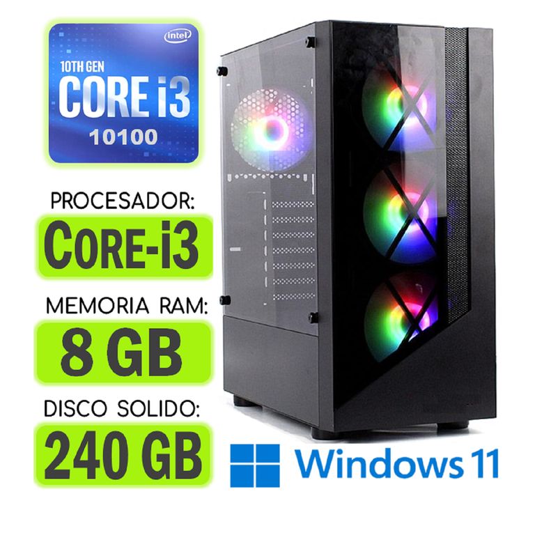 Computadora CPU RGB CORE i3-10100 RAM 8Gb SSD 240Gb Windows 11 PC 10maGen