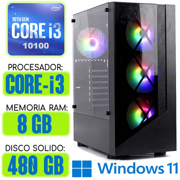 Computadora CPU RGB CORE i3-10100 RAM 8Gb SSD 480Gb Windows 11 PC 10maGen