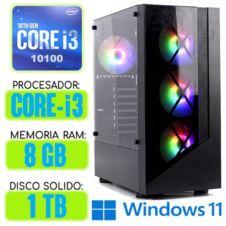Computadora CPU RGB CORE i3-10100 RAM 8Gb SSD 1Tb Windows 11 PC 10maGen