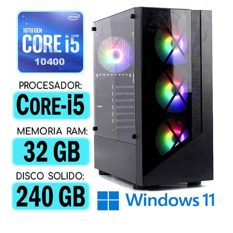 Computadora CPU RGB CORE i5-10400 RAM 32Gb SSD 240Gb Windows PC 10maGen