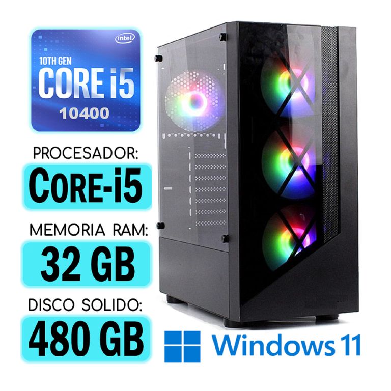 Computadora CPU RGB CORE i5-10400 RAM 32Gb SSD 480Gb Windows PC 10maGen