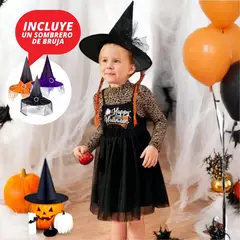 GENERICO - DISFRAZ PARA NIÑA DE BRUJA ( VESTIDO + POLO MANGA LARGA+ SOMBRERO )