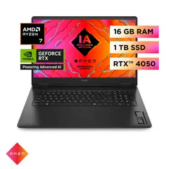 HP - Laptop OMEN 17-db0006la Ryzen7-8840H 16GB, SSD 1TB, RTX-4050 6GB 17,3", Windows 11 (A14M1LA)