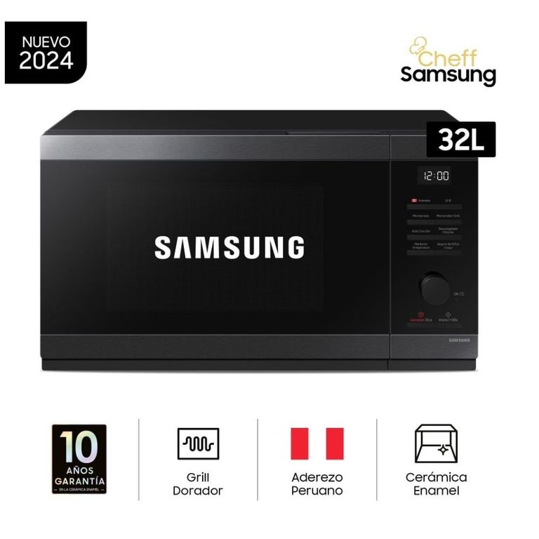 HORNO MICROONDAS CHEF SAMSUNG CON DORADOR MG32DG4524AGPE 32LTS ACERO INOXIDABLE Negro