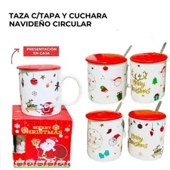 GENERICO - TAZA C/TAPA Y CUCHARA NAVIDEÑA CIRCULAR - PACK DE 4