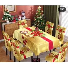 GENERICO - MANTEL NAVIDEÑO ROJO/DORADO + 06 FORROS FUNDA DE SILLA