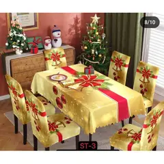 GENERICO - MANTEL NAVIDEÑO ROJO/DORADO + 06 FORRO FUNDA DE SILLA