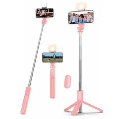 GENERICO - Palo Selfie con Trípode Extensible Rosado+ Luz