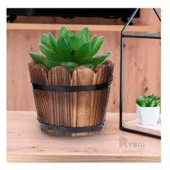 RYBIU IMPORT - Macetero de Madera Modelo Barril de 15cm Y+Papel de Regalo