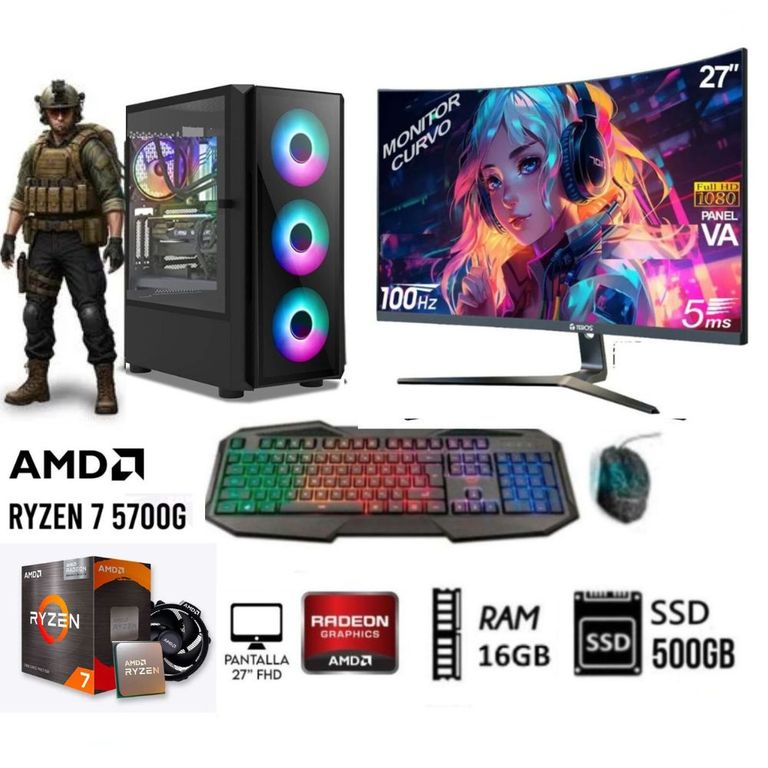 Computadora PC GAMER RYZEN 7-5700G RAM 16GB DISCO SSD 500GB MONITOR 27” FHD