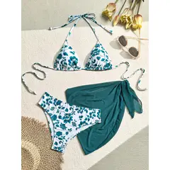 KAST PE - Bikini Telma estampado 3 piezas con pareo verde - Talla M