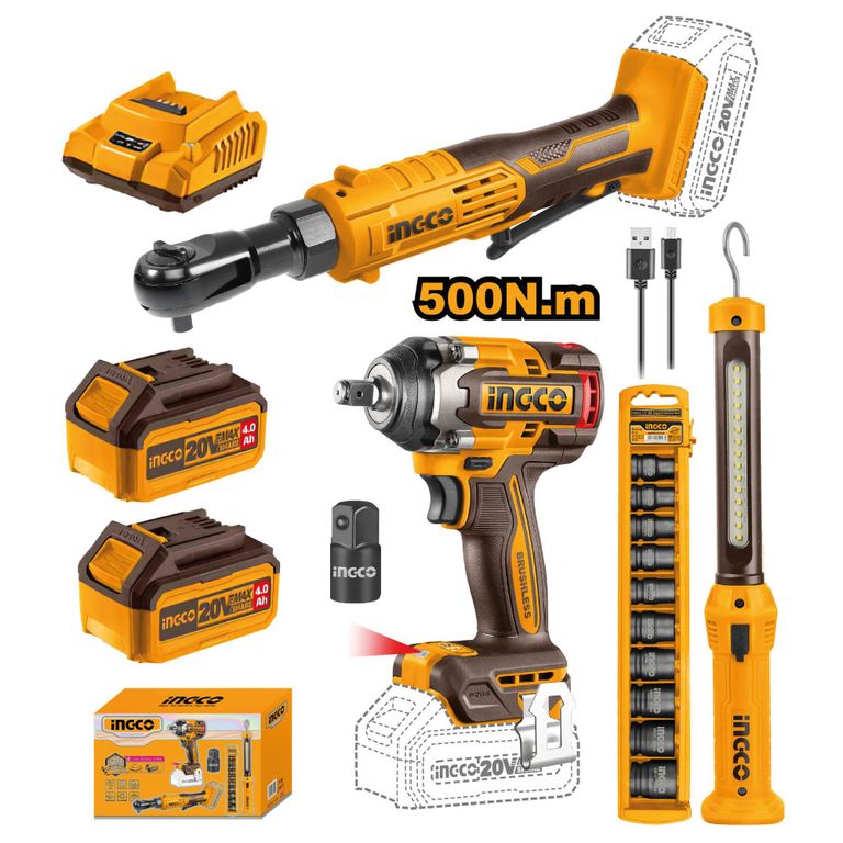 LLAVE IMPACTO BRUSHLESS 500NM + LLAVE RACHE DADOS LINTERNA COSLI240461