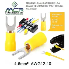 GENERICO - TERMINAL UÑA AMARILLO AISLADO DE 12 A 10AWG OJO 5/32" 100UND