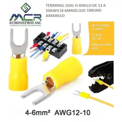 GENERICO - TERMINAL UÑA AMARILLO AISLADO DE 12 A 10AWG 4A6MM2 OJO 3/16" 100UND
