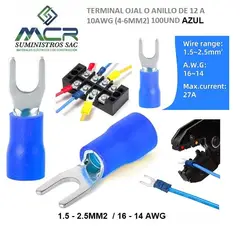 GENERICO - TERMINAL UÑA AZUL AISLADO DE 14 A 16AWG 1.5A 2.5MM2 OJO 1/4" 100UND