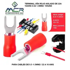 GENERICO - TERMINAL UÑA ROJO AISLADO DE 22A 16AWG 0.5 A 1.5MM2 OJO 1/4" 100UND