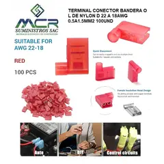 GENERICO - TERMINAL CONECTOR BANDERA O L ROJO DE 22 A 18AWG 0.5A1.5MM2 100UND