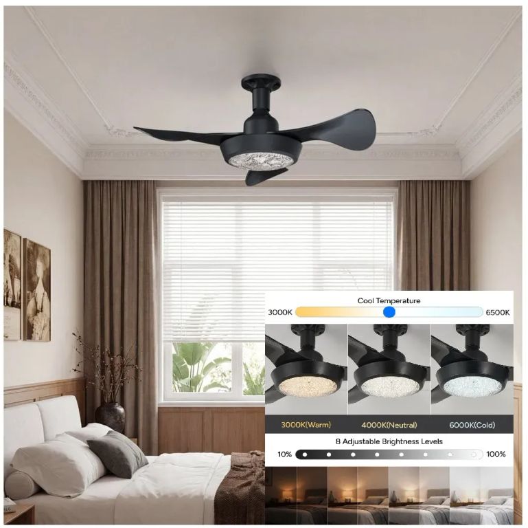 Lampara de Techo Ventilador con Luz LED 3 Tonos Negro 24w y 