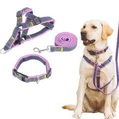 GENERICO - Arnés Collar Y Correa De Jean y Rosado Para Perro Talla L