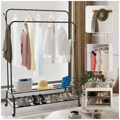 GENERICO - Colgador Perchero con Ruedas Doble Organizador Repisa 160x110x56cm Negro